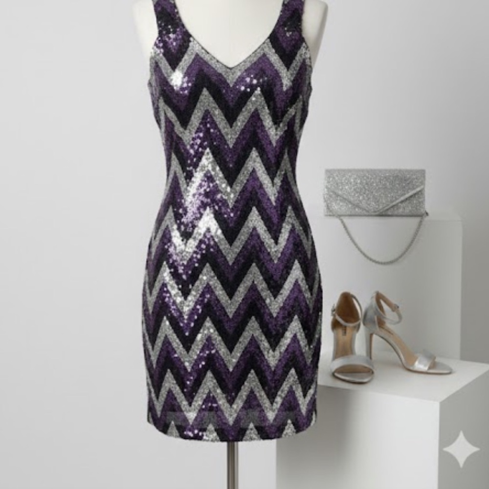 VINTAGE Snap Purple & Silver Sequin Chevron Mini Dress | Y2K Party Glam S